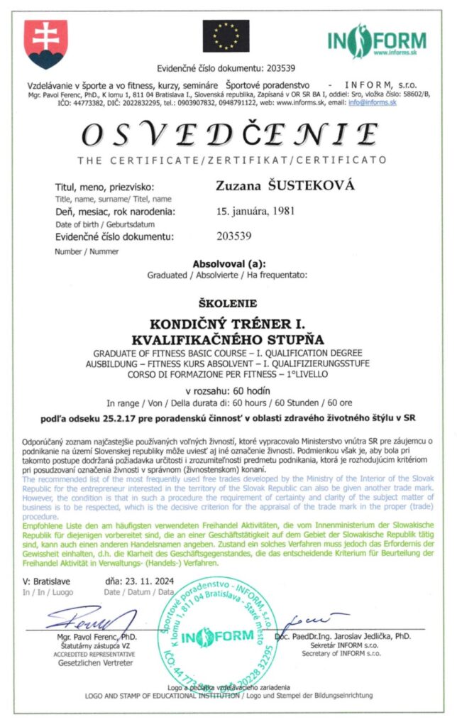 osvedčenie kondičné trénerstvo
